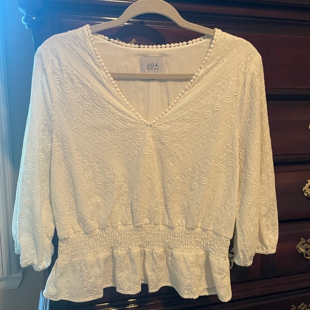 J.O.A. Women's White Textured cottagecore boho boutique style Top Large